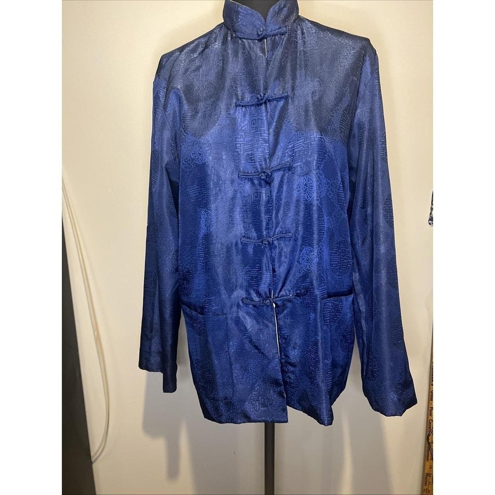 Mandarin Asian Reversible‎ Jacket Gold Blue Pattern Knot Loop Closure Women Med